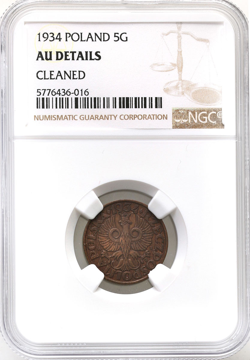II RP. 5 groszy 1934 NGC AU - Najrzadszy rocznik